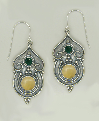 Sterling Silver Gothic Inspired Drop Dangle Earrings With Yellow Jade And Fluorite